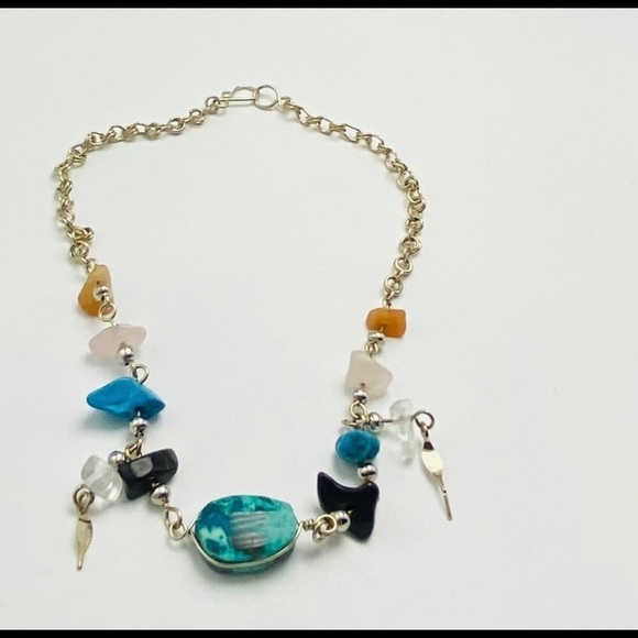 Artisan Gemstone Chrysocolla Onyx Turquoise Quartz Silver Chain Anklet Bracelet - Picture 11 of 13